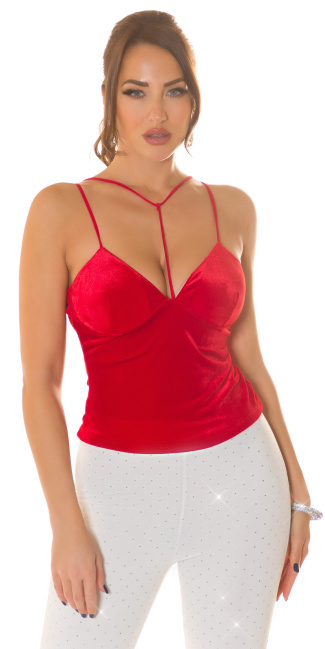 Velvet Look Top with strap details Red